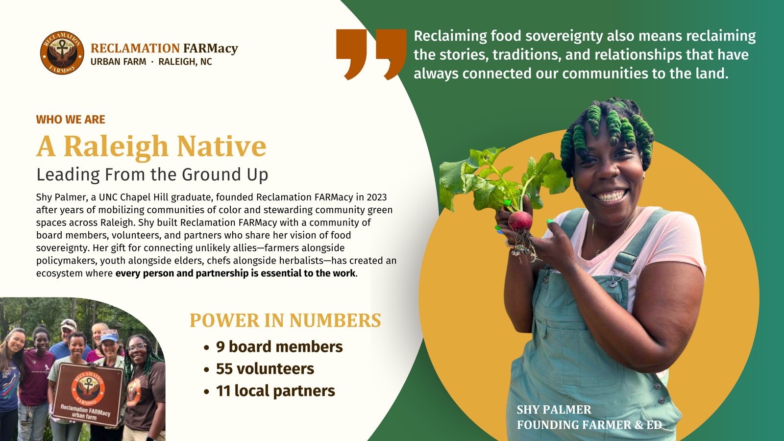 Slide from an HCMA-designed funder presentation for Reclamation FARMacy, featuring founder and CEO Shy Palmer