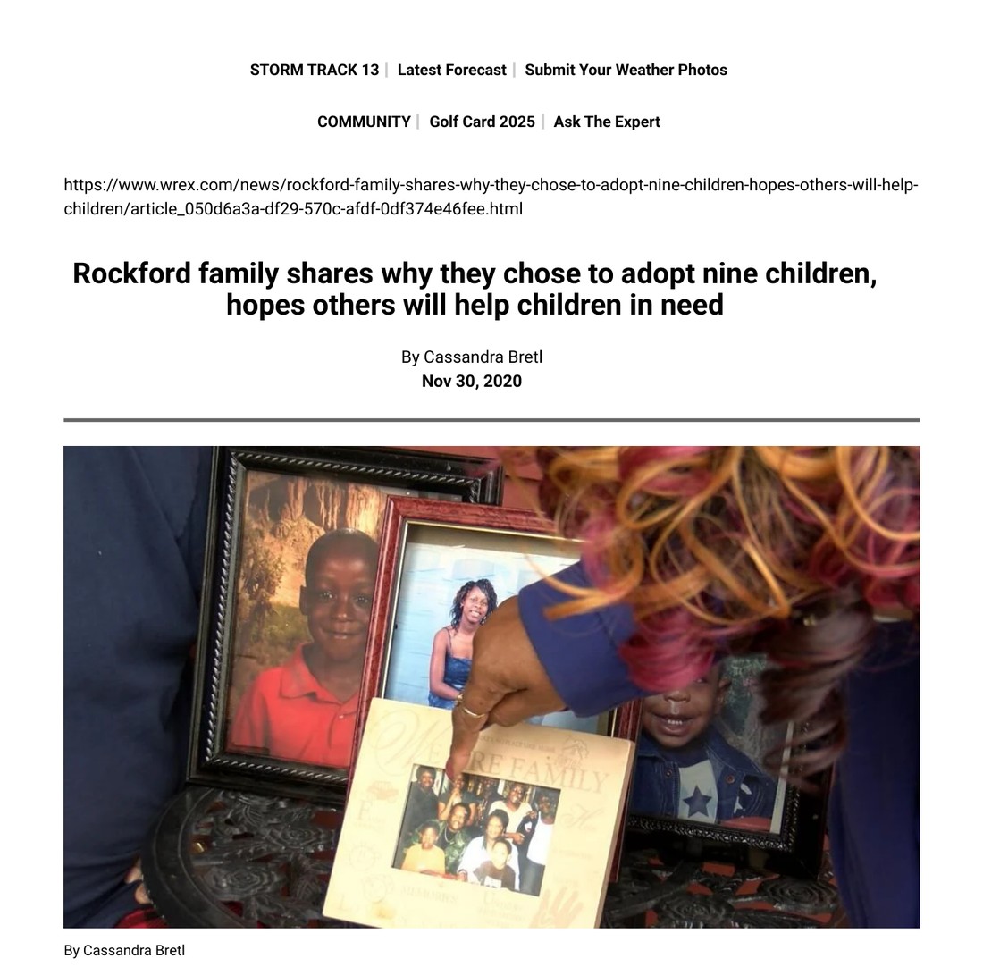 wrex.com news article on a Rockford family's adoption story, mentioning Children's Home & Aid's National Adoption Month goal